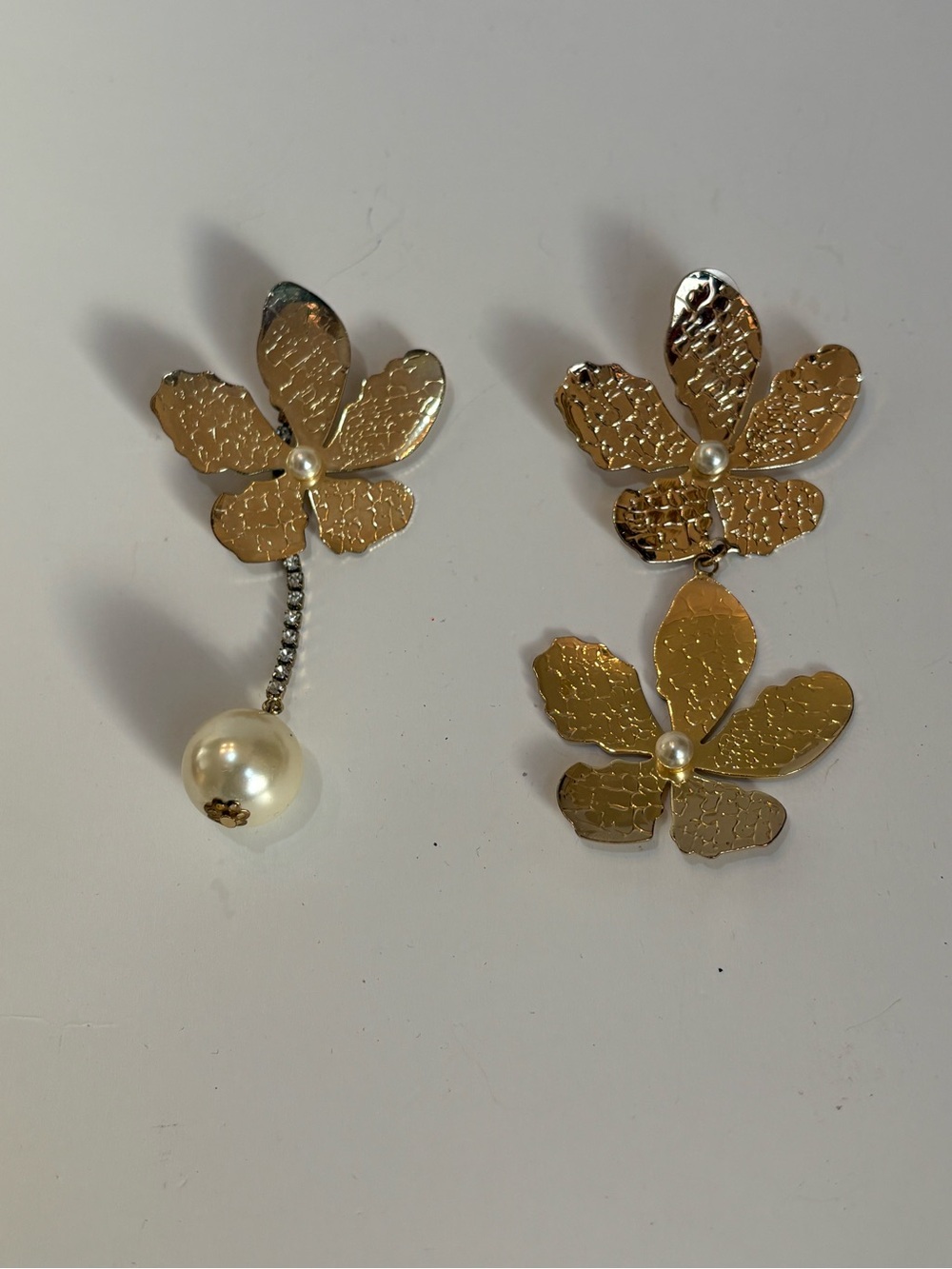 Gold Floral Drop Earrings with Pearl Accents